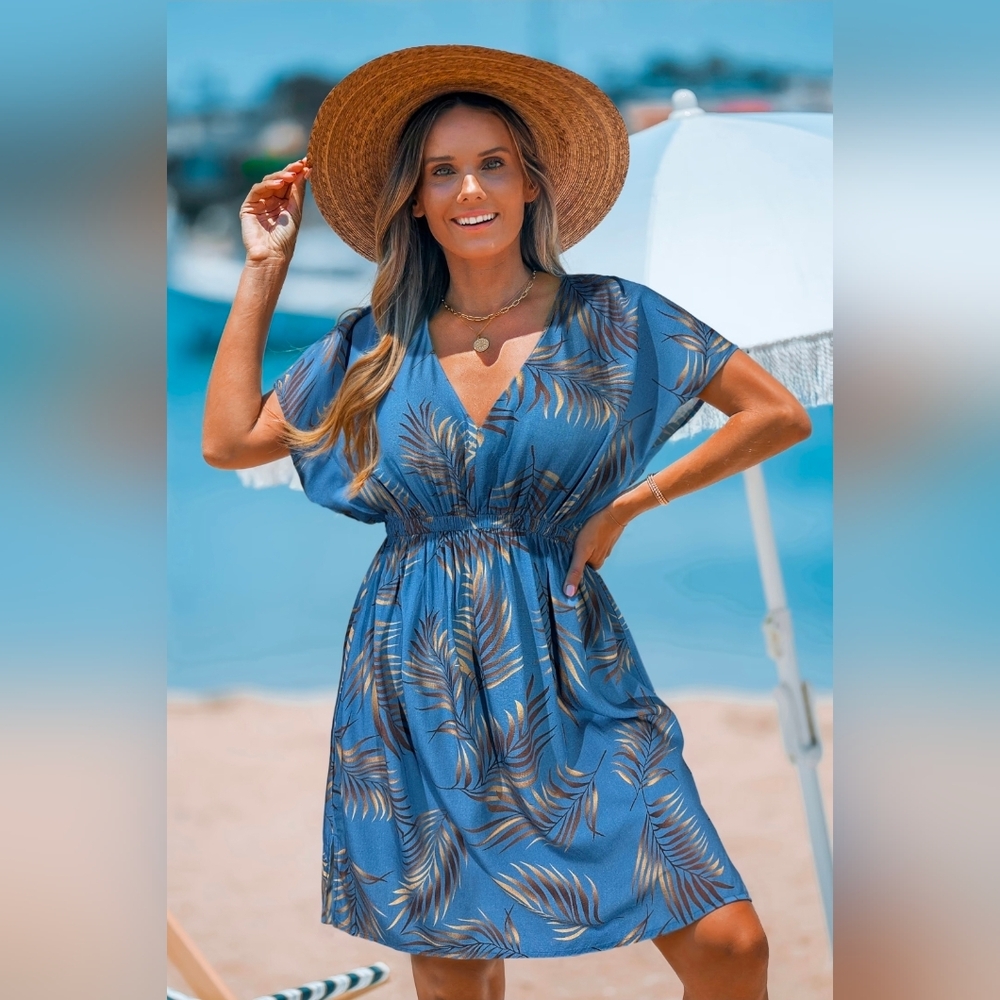 NWT Cupshe Tropical Surplice Blue Palm Leaf Cover-Up Mini Dress, Large